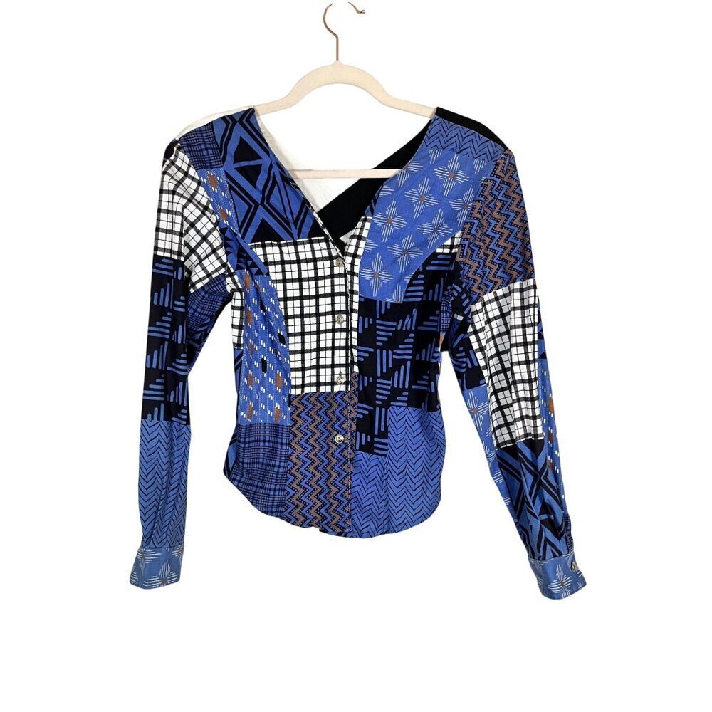 Roughrider Floral Patchwork Top XS Blue Western Boho Hippie Folk Artsy Chevron